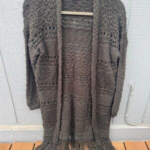 Sun & Shadow Charcoal Knit Fringe Cardigan 100% cotton